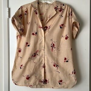 Vintage Cream Button Down Shirt with Red Floral Pattern